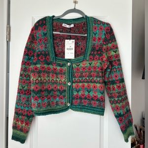 Zara Floral Knit Square Neck Cardigan